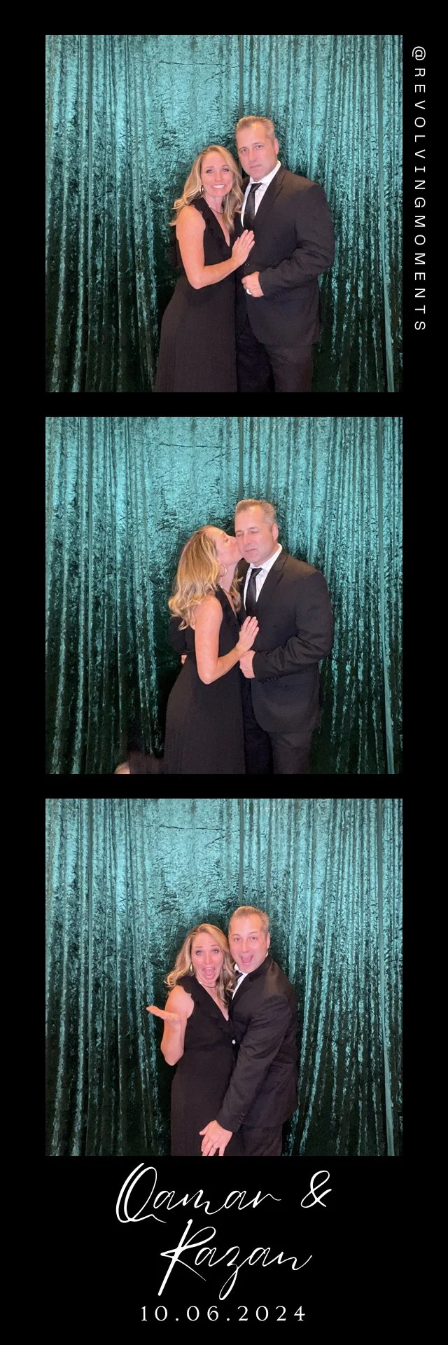 A sequence of three photos of a couple in formal attire in front of a green velvet curtain. The first photo shows them standing close, smiling, with the woman touching the man's chest. The second shows the woman kissing the man's cheek. The third sho