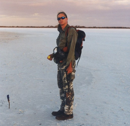 Erich Volschenk undertaking field survey at Lake Lefroy, 1998