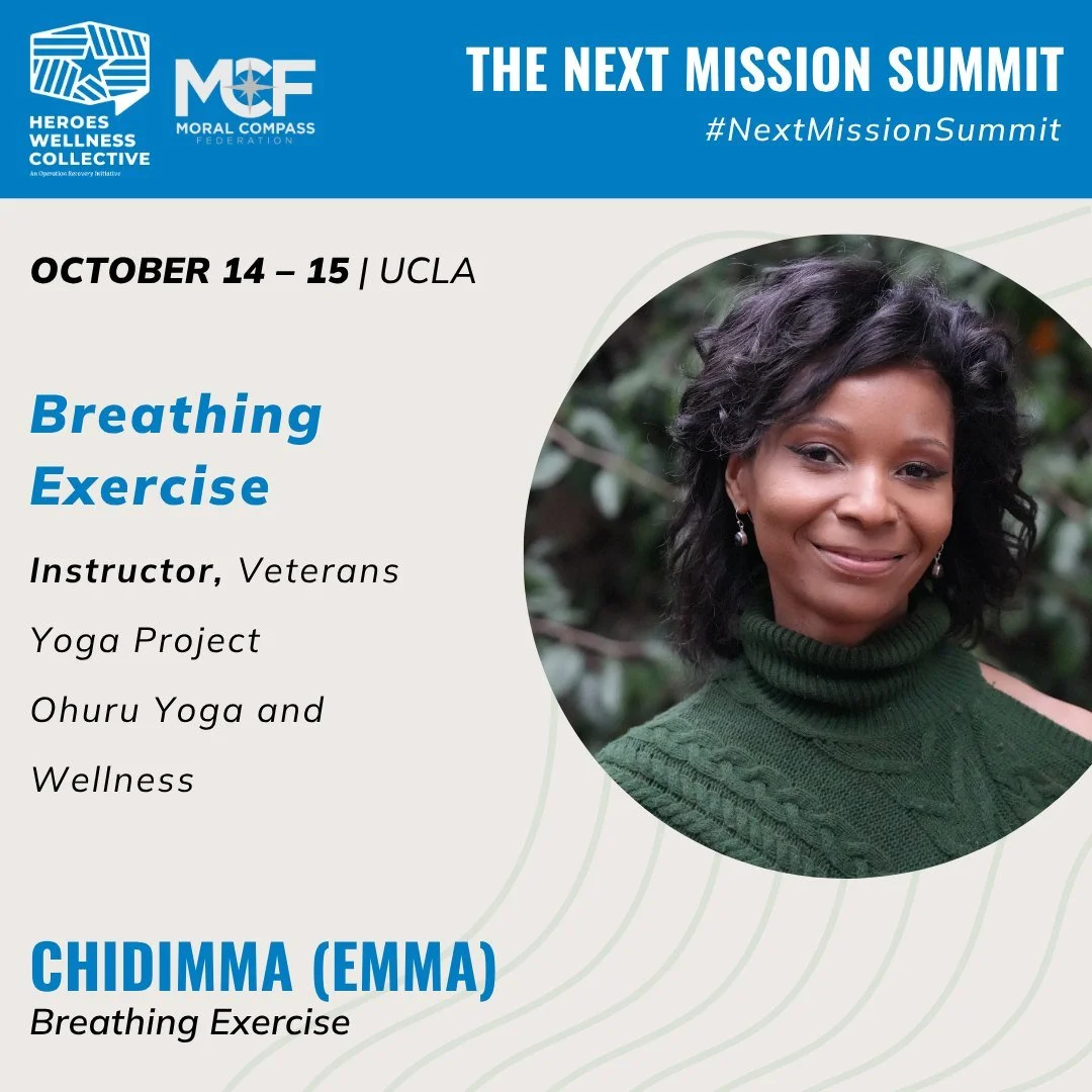 Instructor with Veterans Yoga Project and founder of Ohuru Yoga & Wellness, Chidimma blends yoga, meditation, Reiki, and trauma-informed somatic practices. Her mission is to create safe, healing environments for veterans and first responders thro
