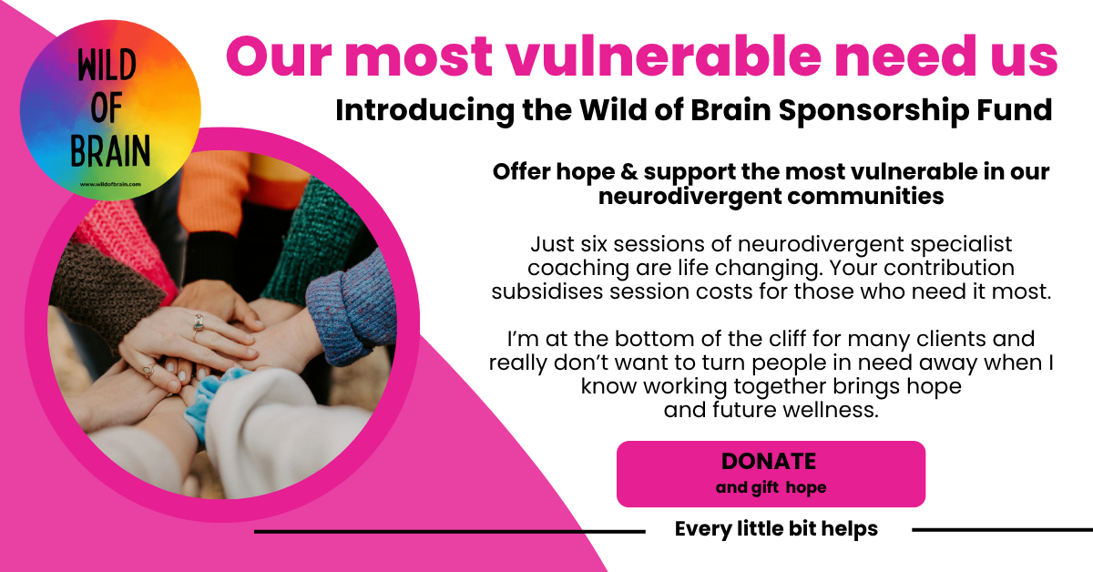 Graphic introducing The Wild of Brain Sponsorship Fund. Contributing subsidises life changing neurodivergent specialist coaching sessions to those who need it most.