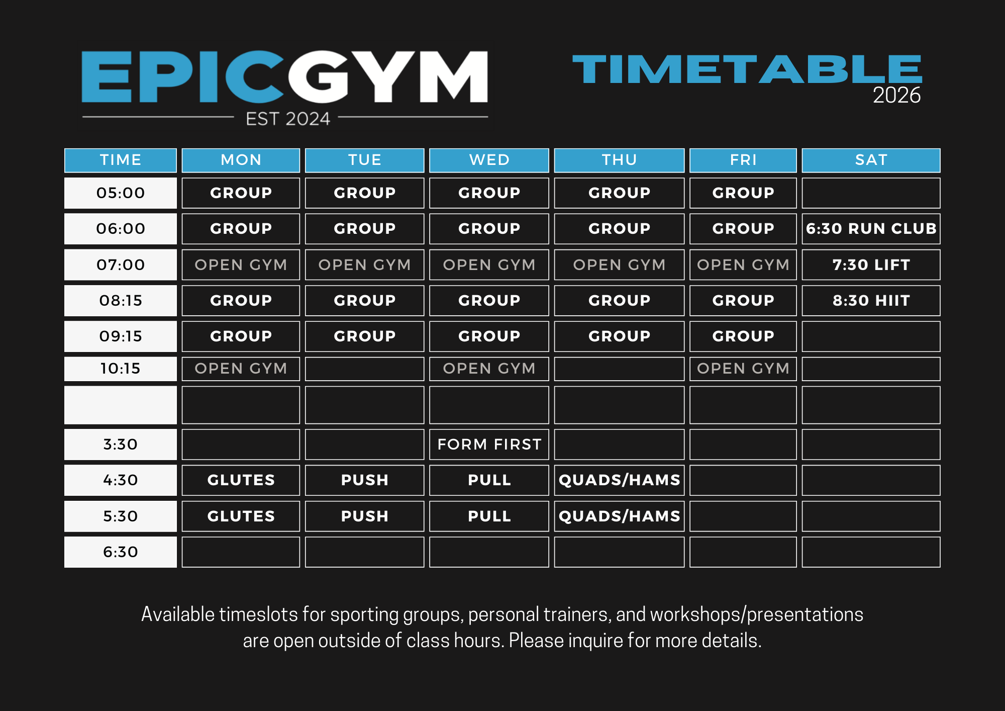 Timetable — Epic Gym