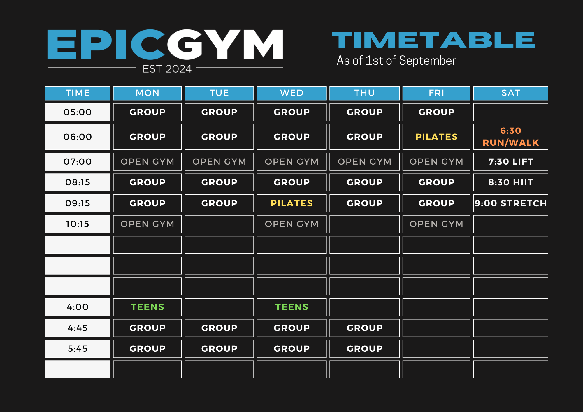 Timetable — Epic Gym
