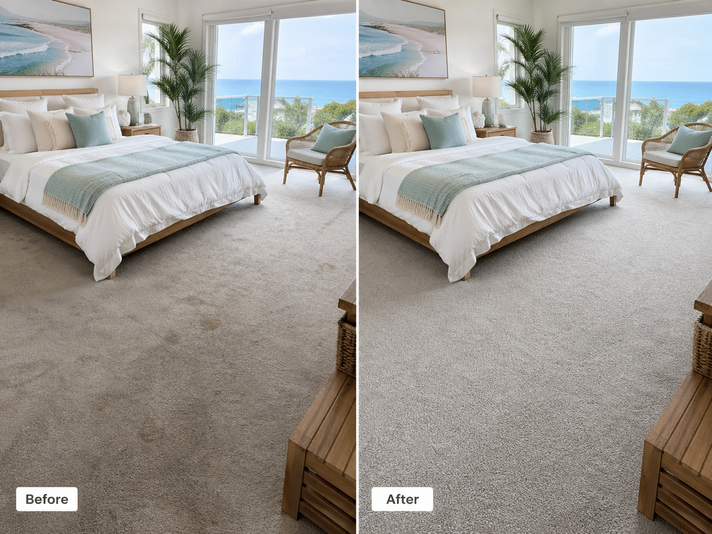 Comparison of a bedroom with before and after carpet cleaning. Both images show a bright, coastal-themed bedroom with a large bed, a wicker chair, a potted plant, and ocean-view windows.