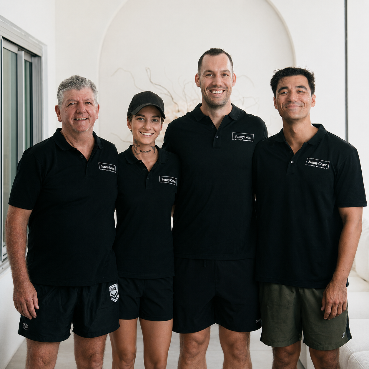 Four team members in matching black polo shirts with 'Sunny Coast' logo, standing together indoors, smiling at the camera.