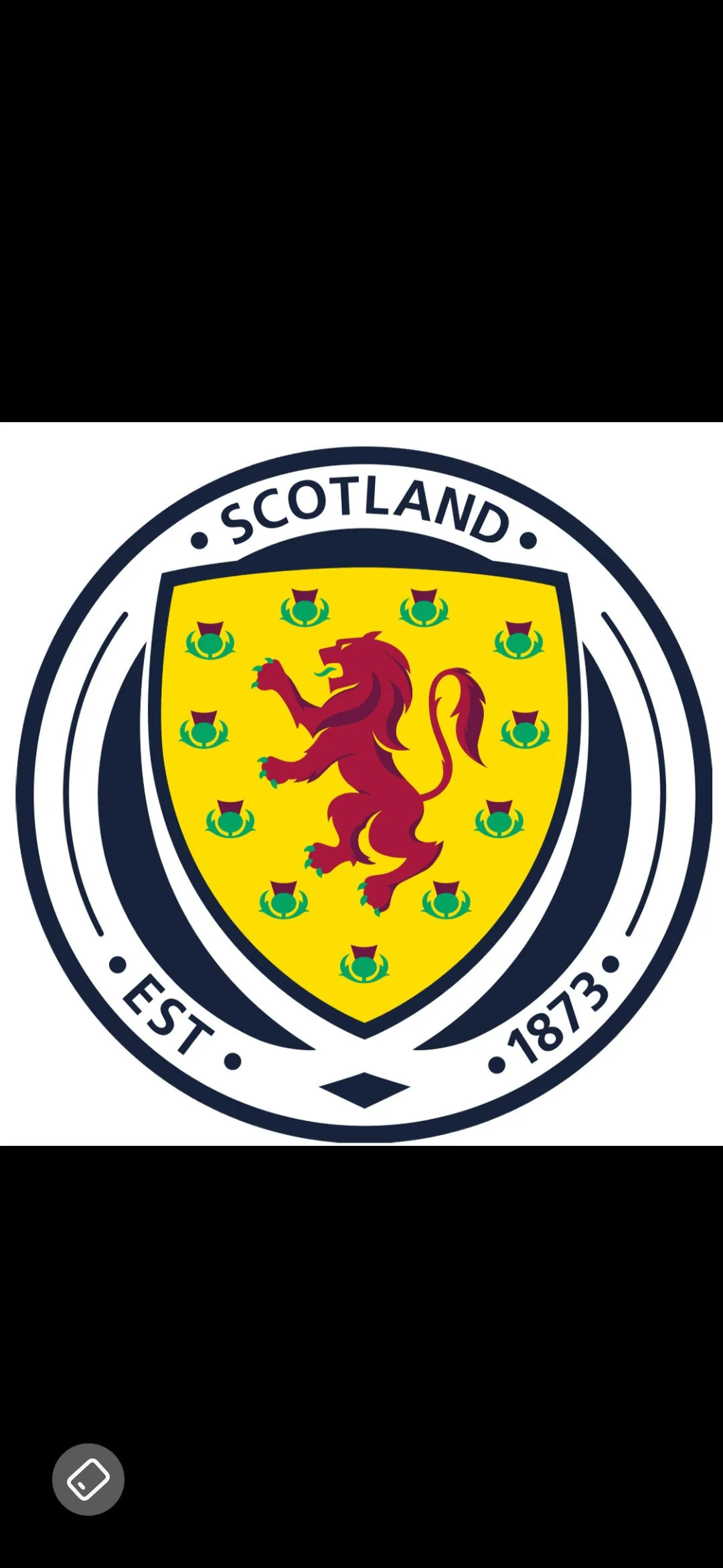 The emblem of the Scotland national football team featuring a red lion rampant on a yellow shield surrounded by thistles, with the text "SCOTLAND," "EST," and "1873".
