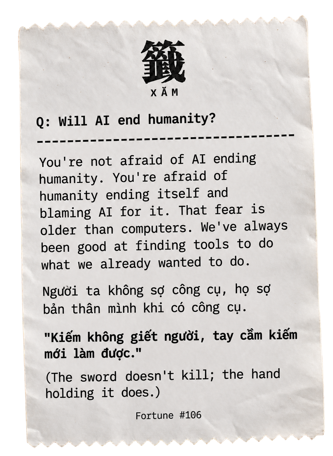 A fortune cookie message discussing AI and humanity, with text in English and Vietnamese.