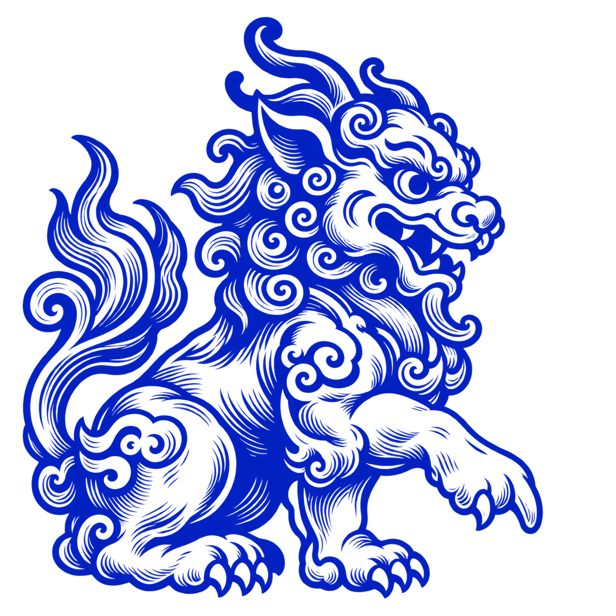 A stylized blue outline of a dog with swirling patterns on a transparent background.
