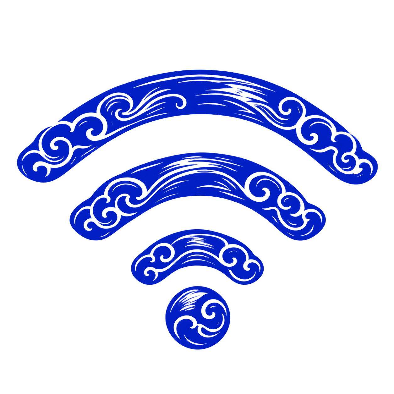 Illustration of stylized blue Wi-Fi signal icon with swirling decorative patterns on each bar.
