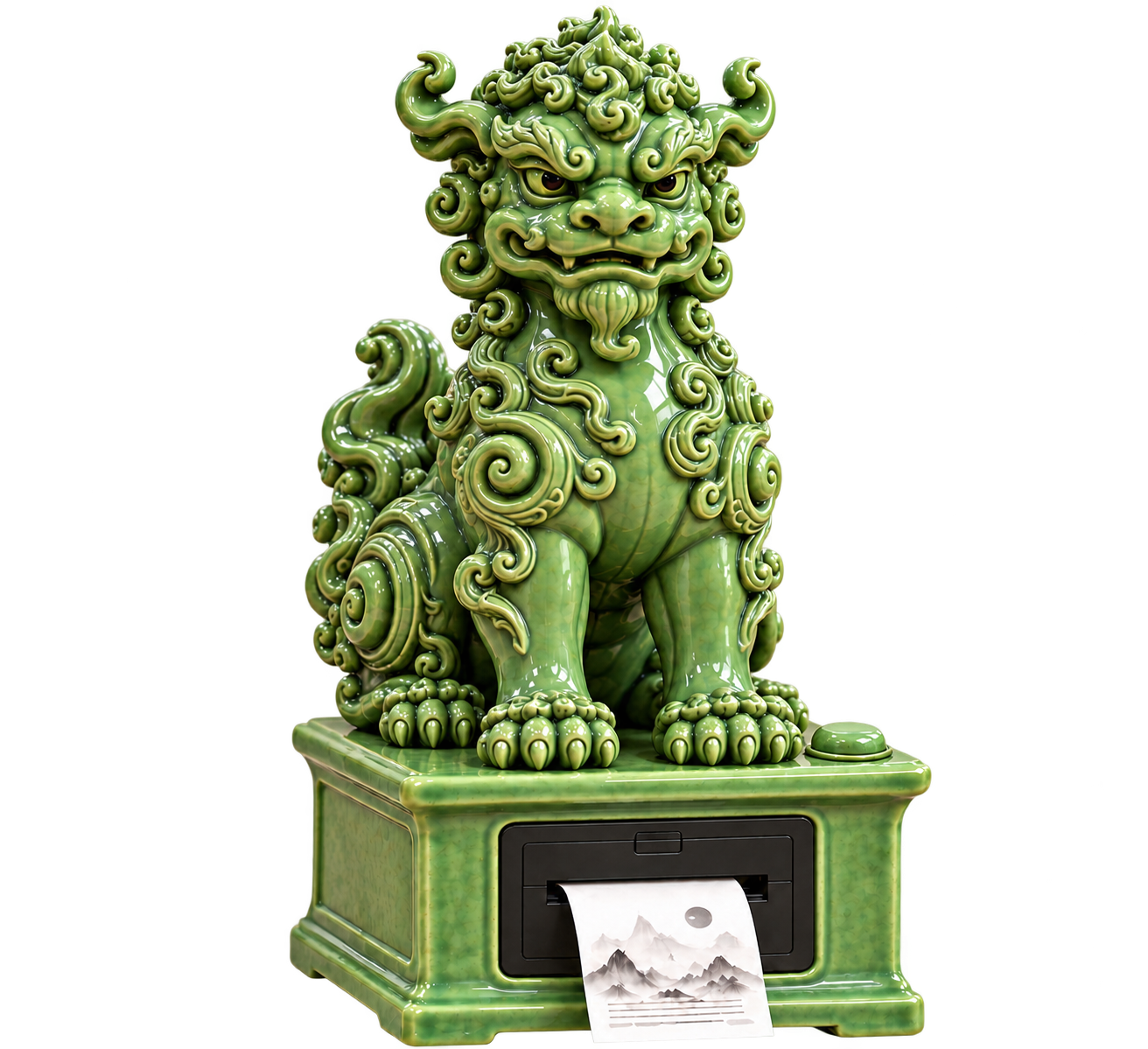 A green Vietnamese guardian dog statue, sitting on a matching green base with a small printer underneath that is printing a landscape scene with mountains and clouds.
