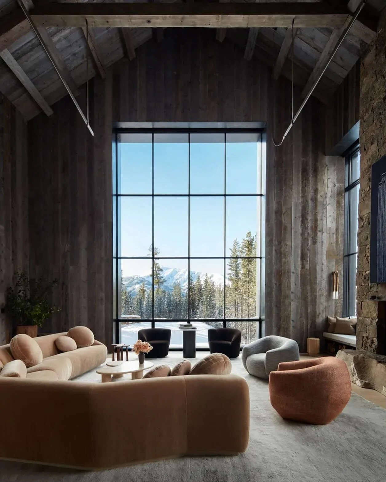 Deep moody tones and textures always feel like the perfect counterpart for a snowy or rural retreat | Love how these projects all showcase how calm and sophisticated moody rustic can be | via: @oliviawilliamsstudio @emmatullocharchitects @alexander_a