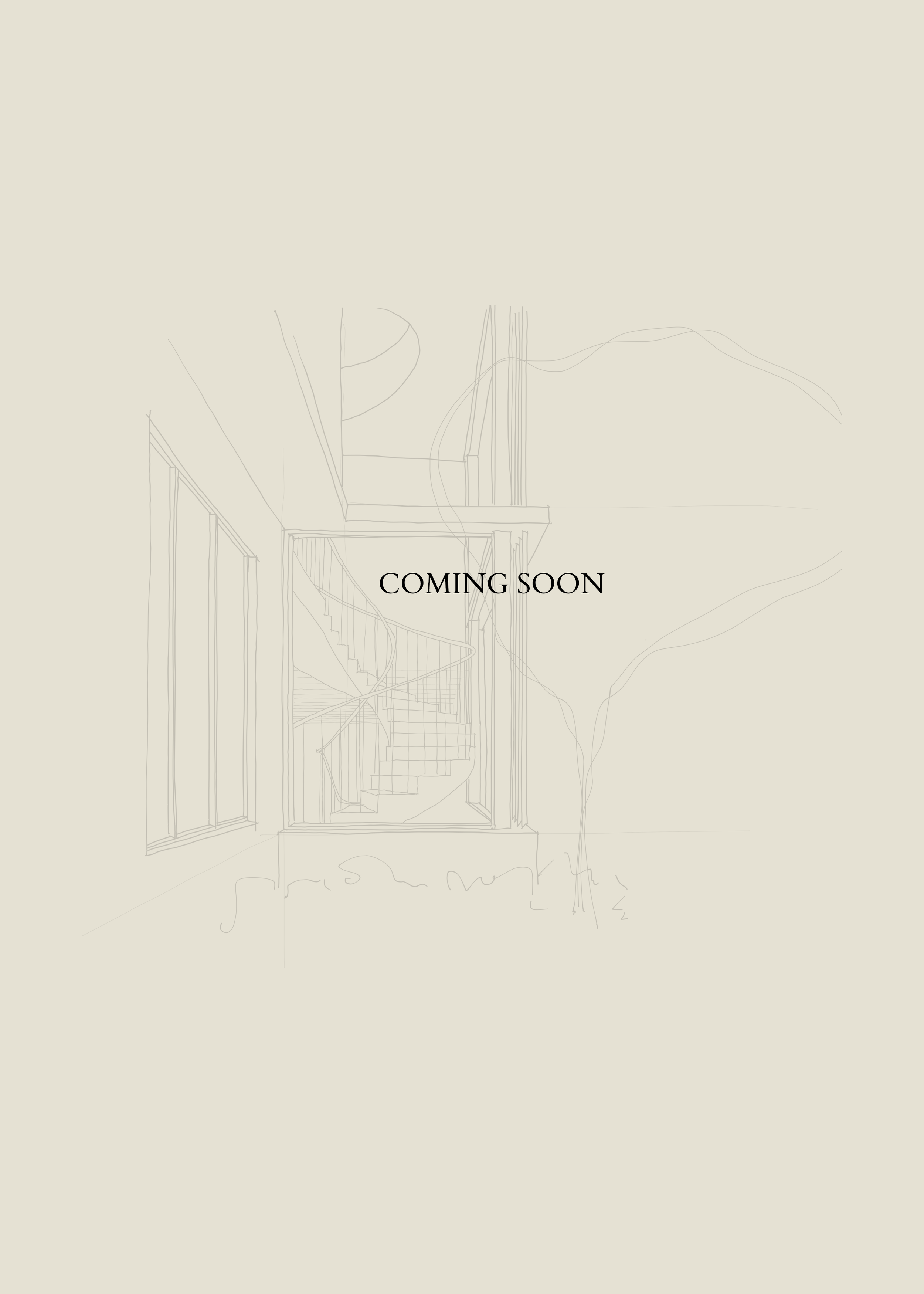 Sketch of a staircase and balcony with the words "COMING SOON" in the center.