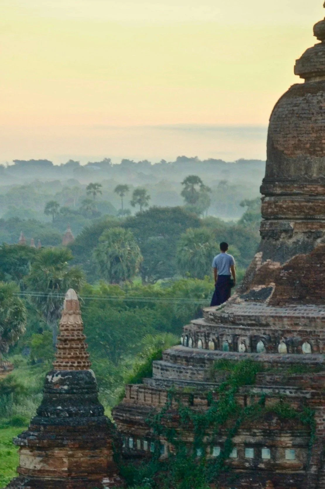 A person standing on ancient brick temple ruins with lush green forest and misty hills in the background during early morning or late afternoon.