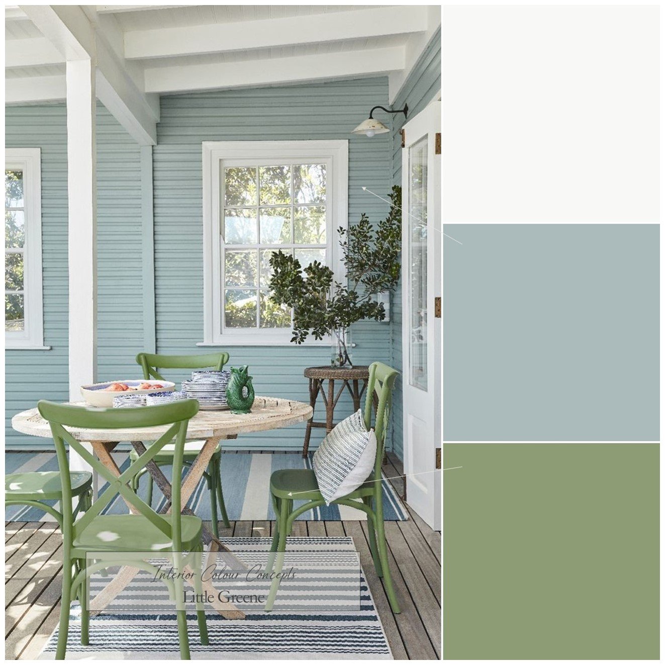 A palette of fresh green and sea blue from Little Greene for a vibrant but calm outdoor area.