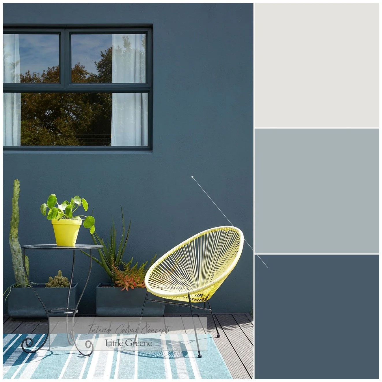 Navy blue and mid tone blue from Little Greene create a sense of calm in outdoor spaces.