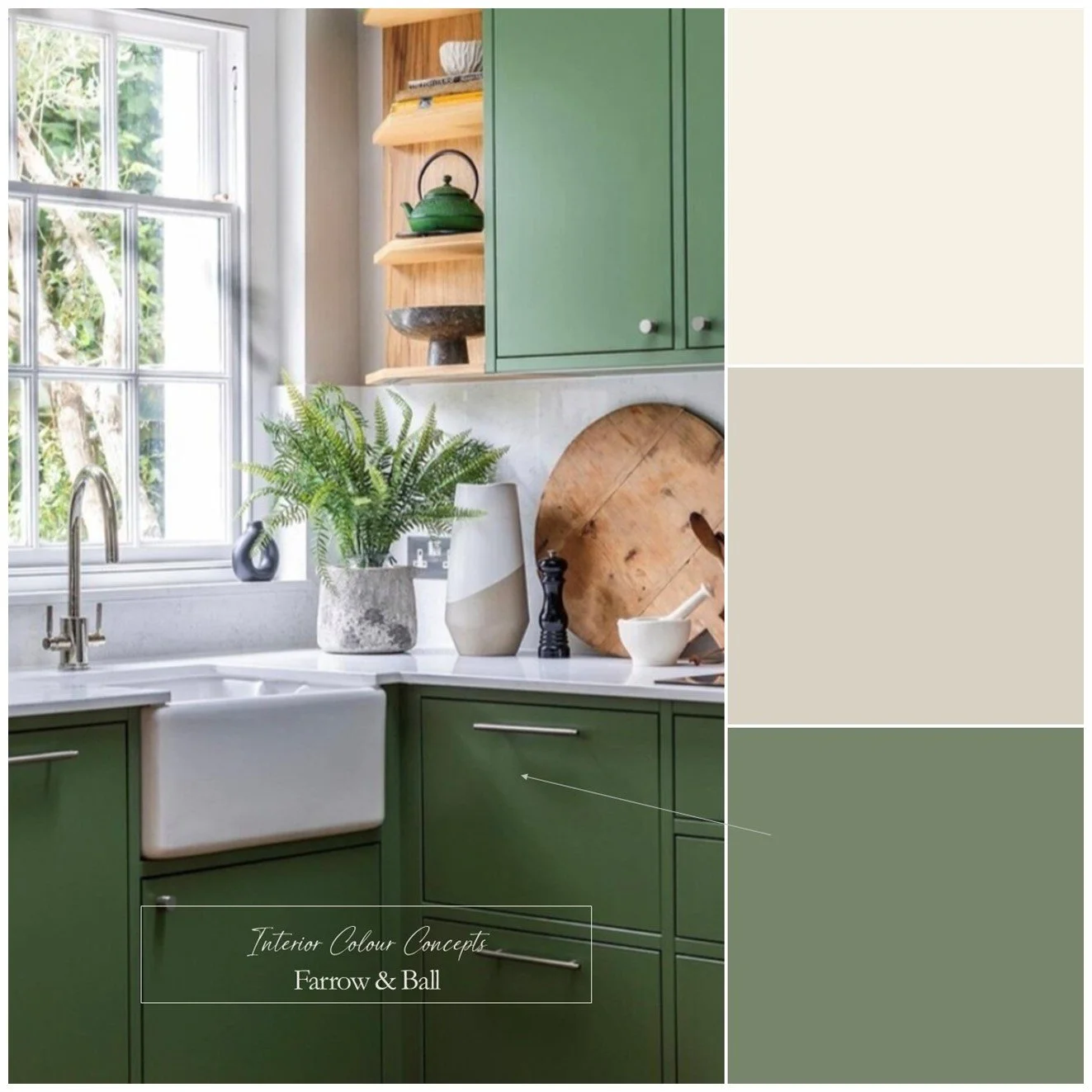 A deep, muted sage green from Farrow & Ball perfect for kitchen cabinetry.