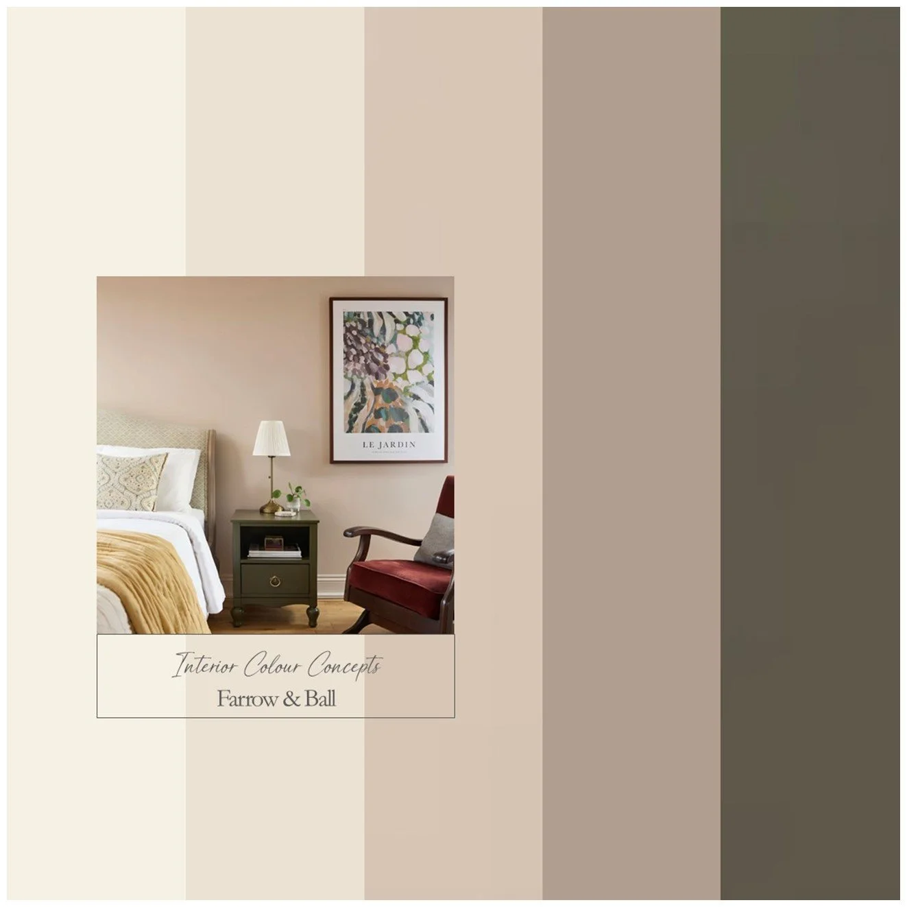 Soft, aged pinks and red-based neutrals for a relaxed bedroom look featuring Farrow & Ball paints.