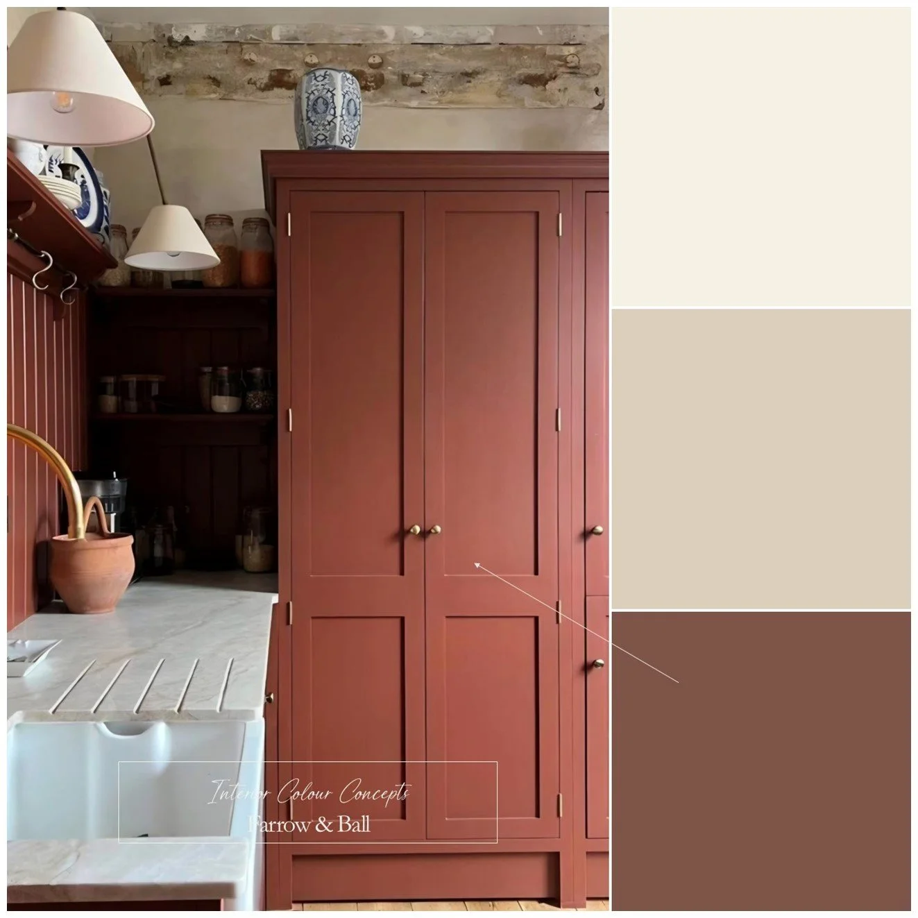 An earthy terracotta colour palette featuring Farrow & Ball paint colours perfect for your English Country or Mediterranean inspired kitchen interior.