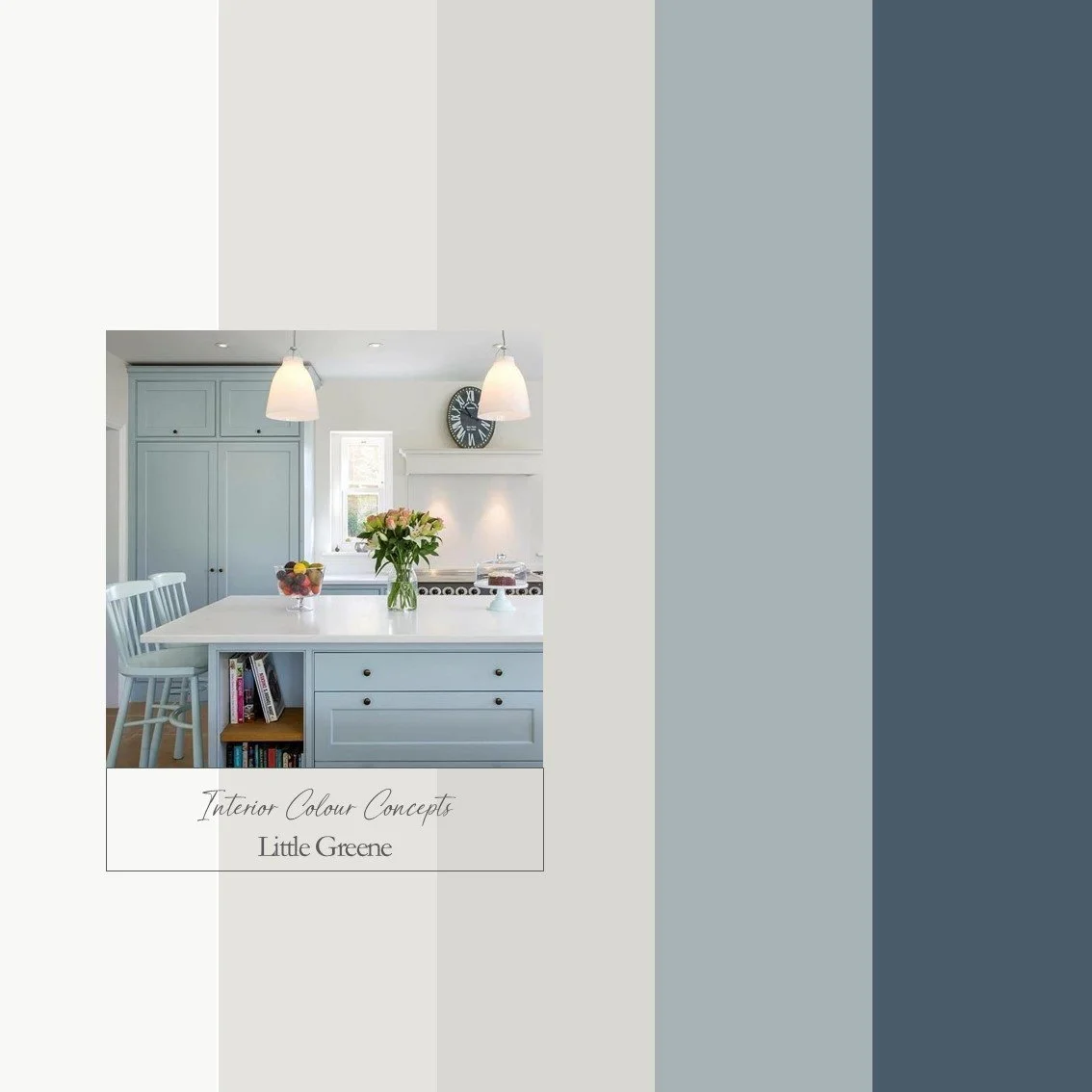 Classic Little Greene blues paired with warm grey neutrals in coastal theme palette.