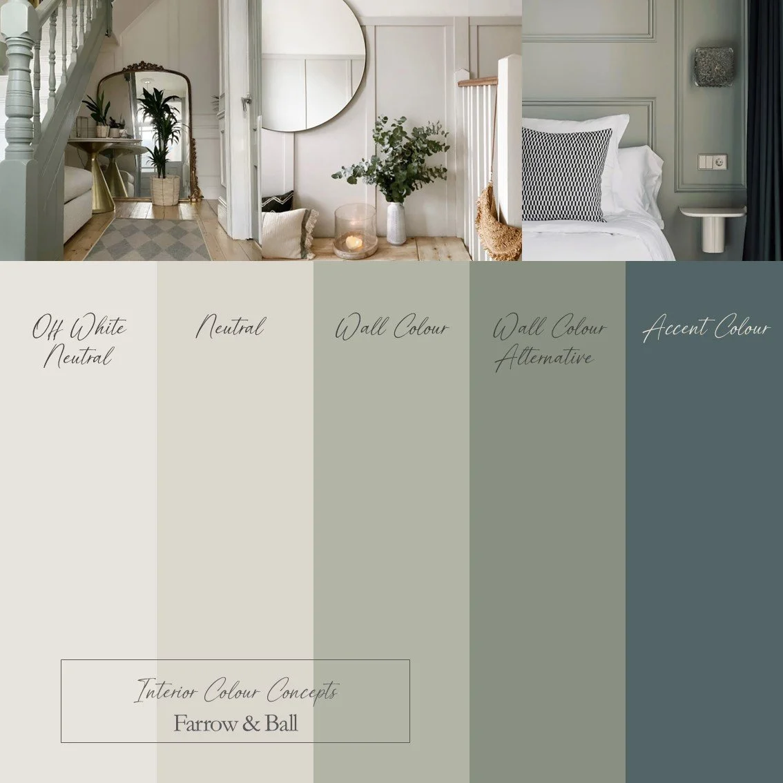 Farrow & Ball colour palette featuring muted greens and a timeless darker blue accent.