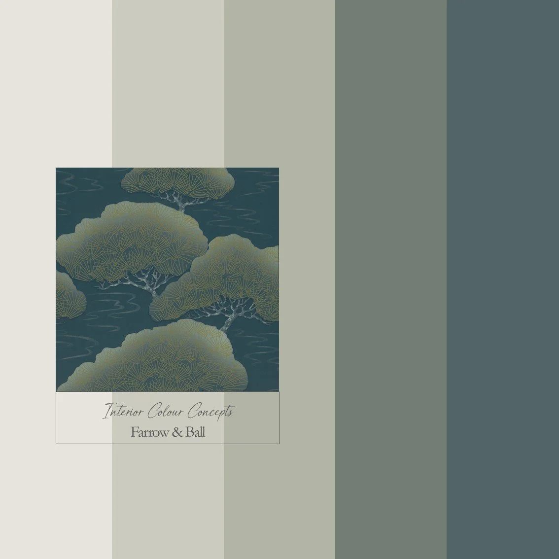 Farrow & Ball colour palette featuring greens with blue undertones and Little Green Pines wallpaper.