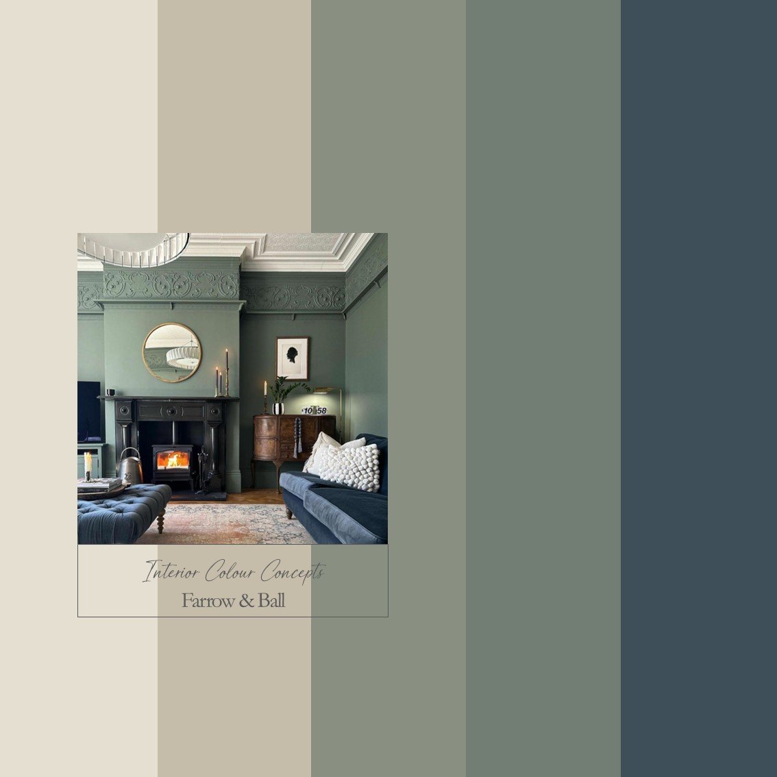 Farrow & Ball colour palette featuring a timeless blue and smoky greens with warm neutrals.