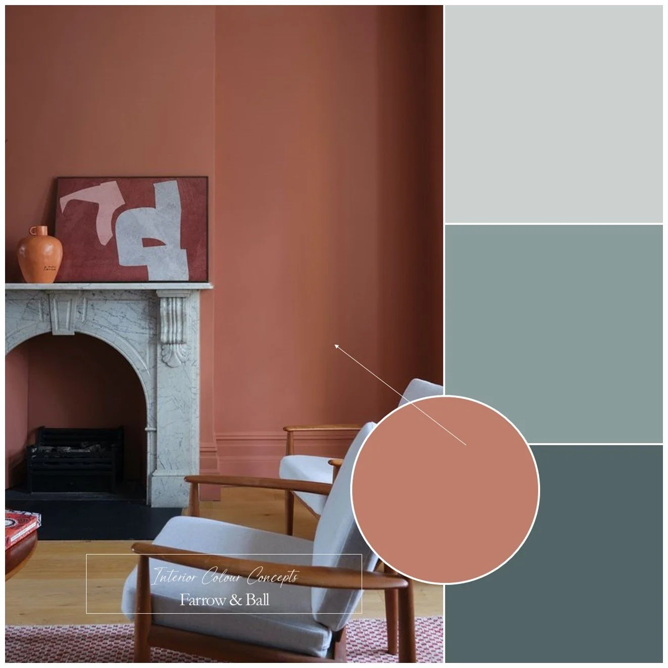 Farrow & Ball blues and earthy reds for an eclectic living room colour palette.