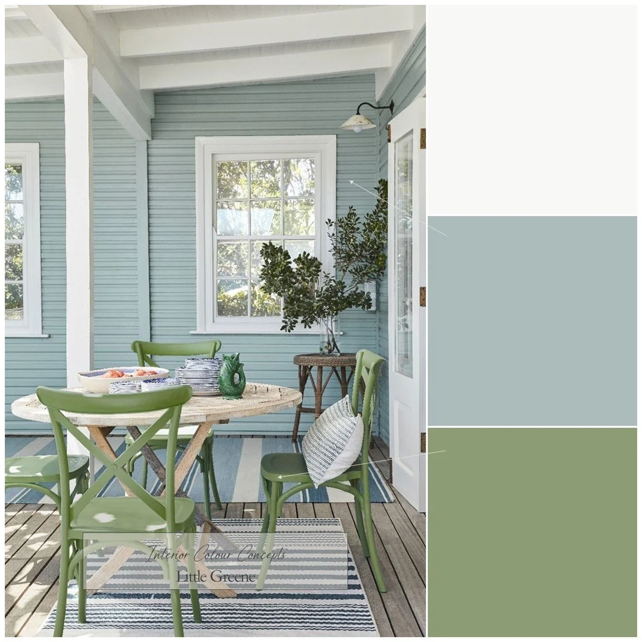 Fresh green and sea blue featuring Little Greene paints for a vibrant outdoor space.