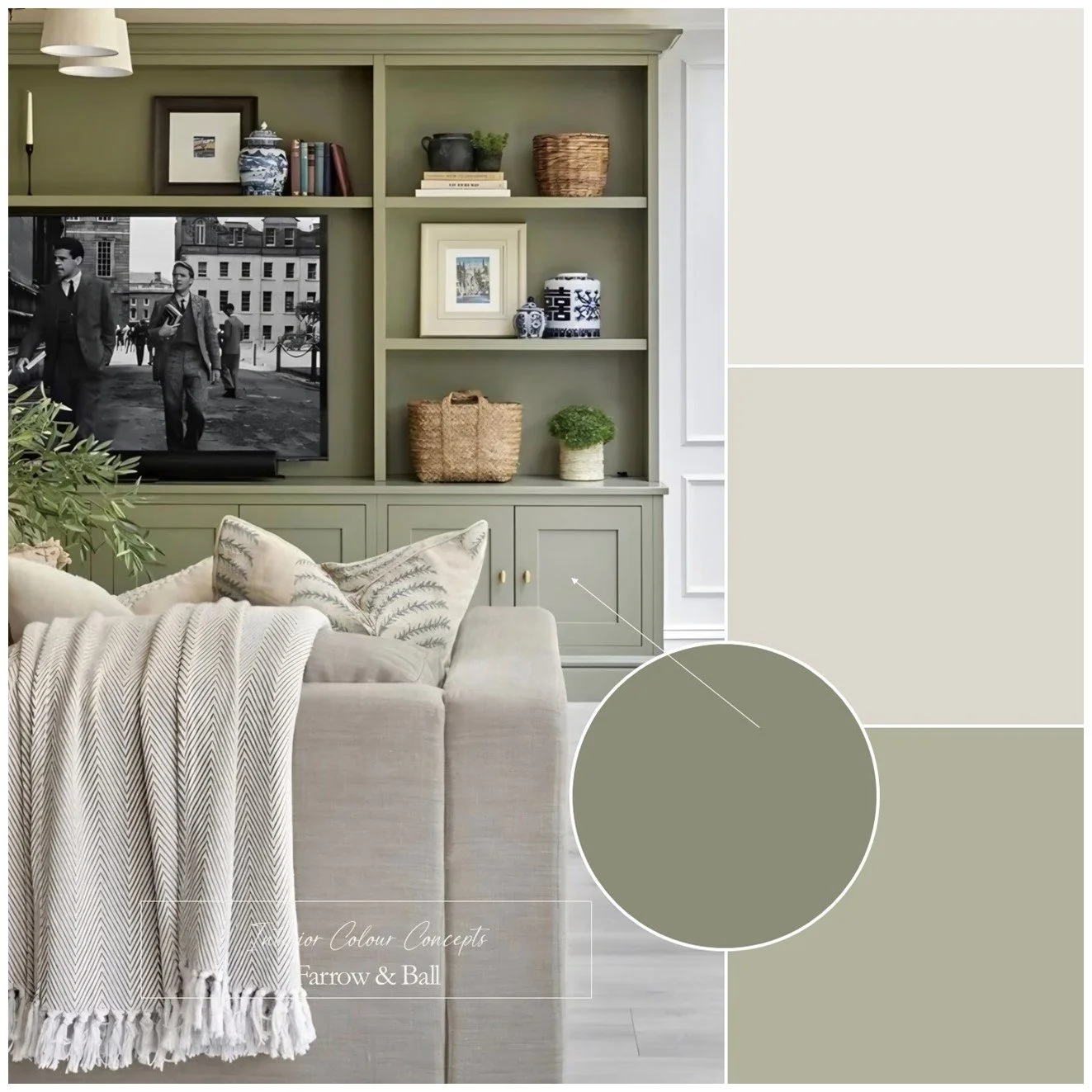 Laid-back green and warm neutrals for modern living room.
