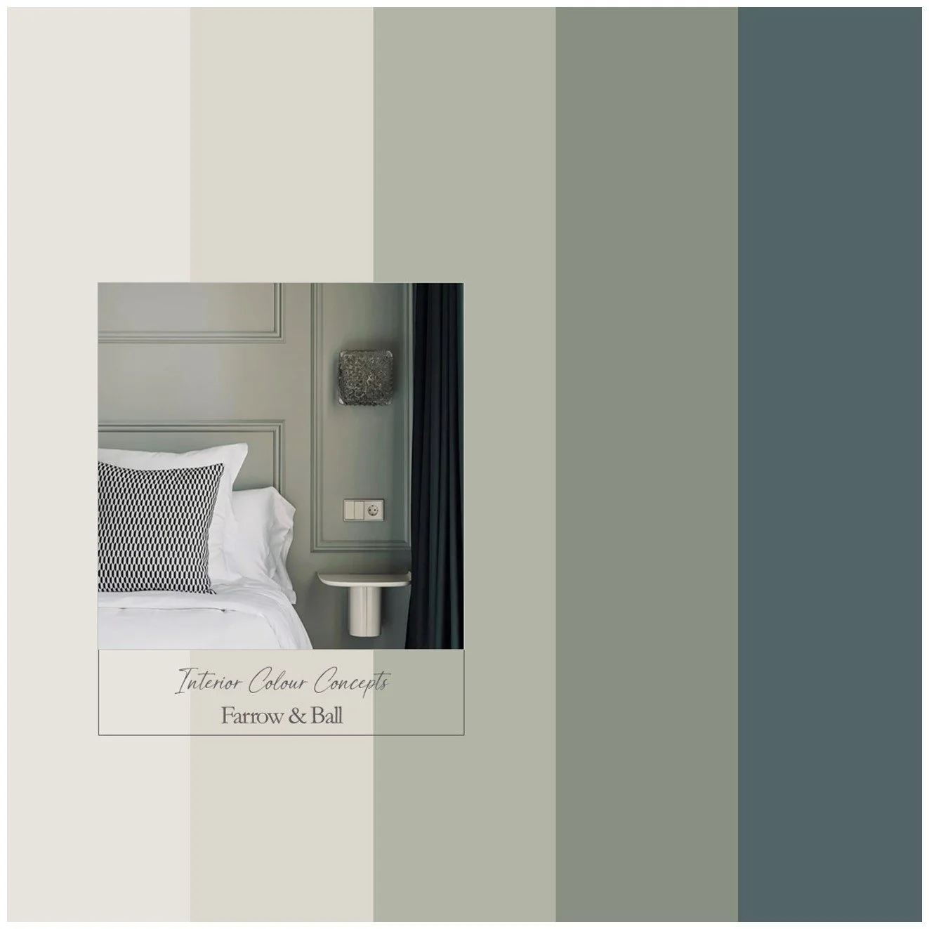 Farrow & Ball palette featuring muted greens and a popular blue for a relaxed interior look.