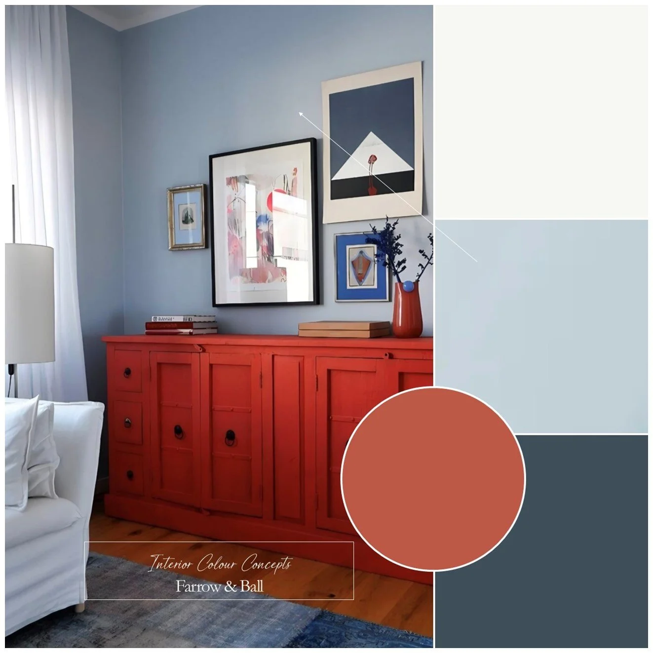 Nordic Blues from Farrow & Ball with bright accent for living room.