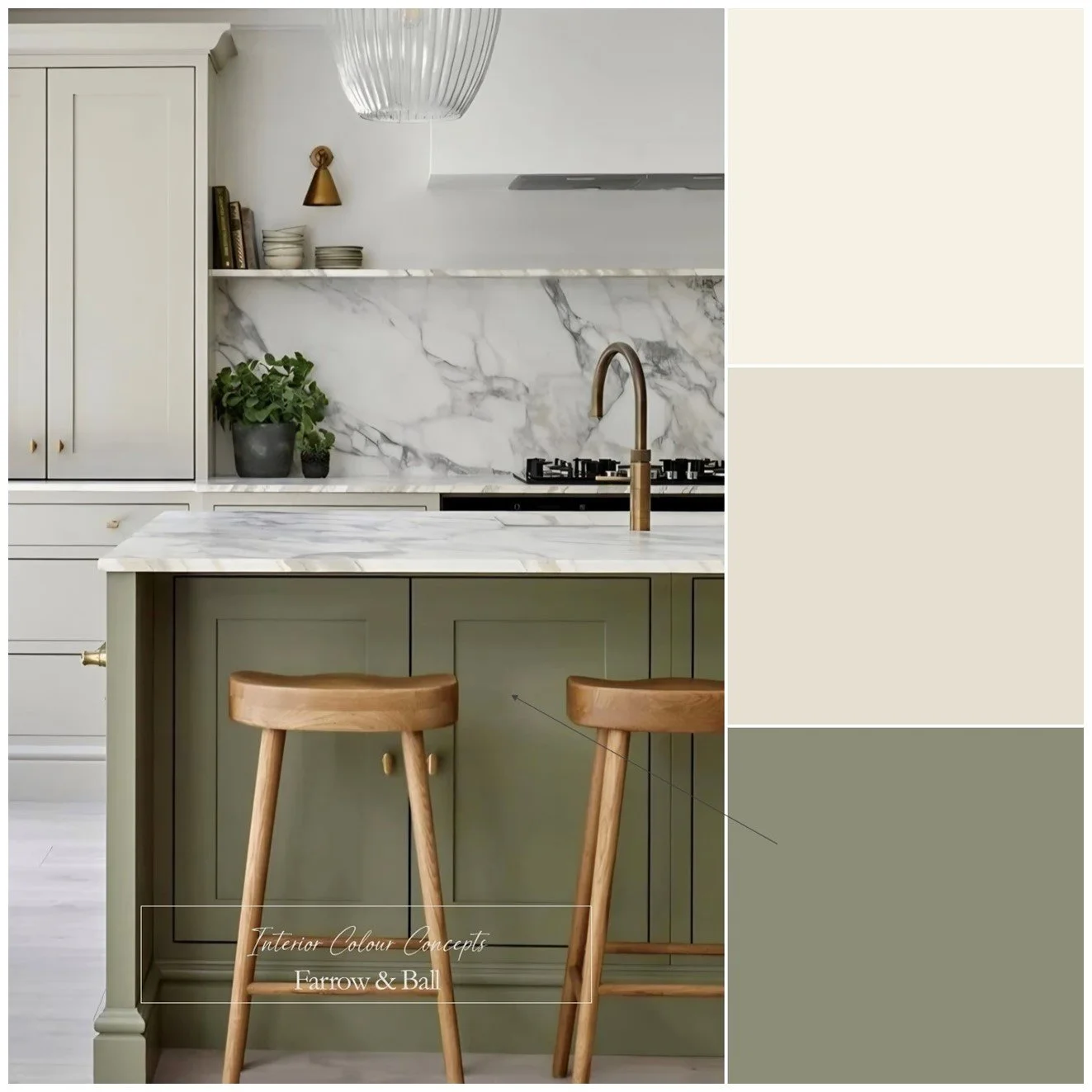 A soft and muted palette of Farrow & Ball colours perfect for a kitchen interior.