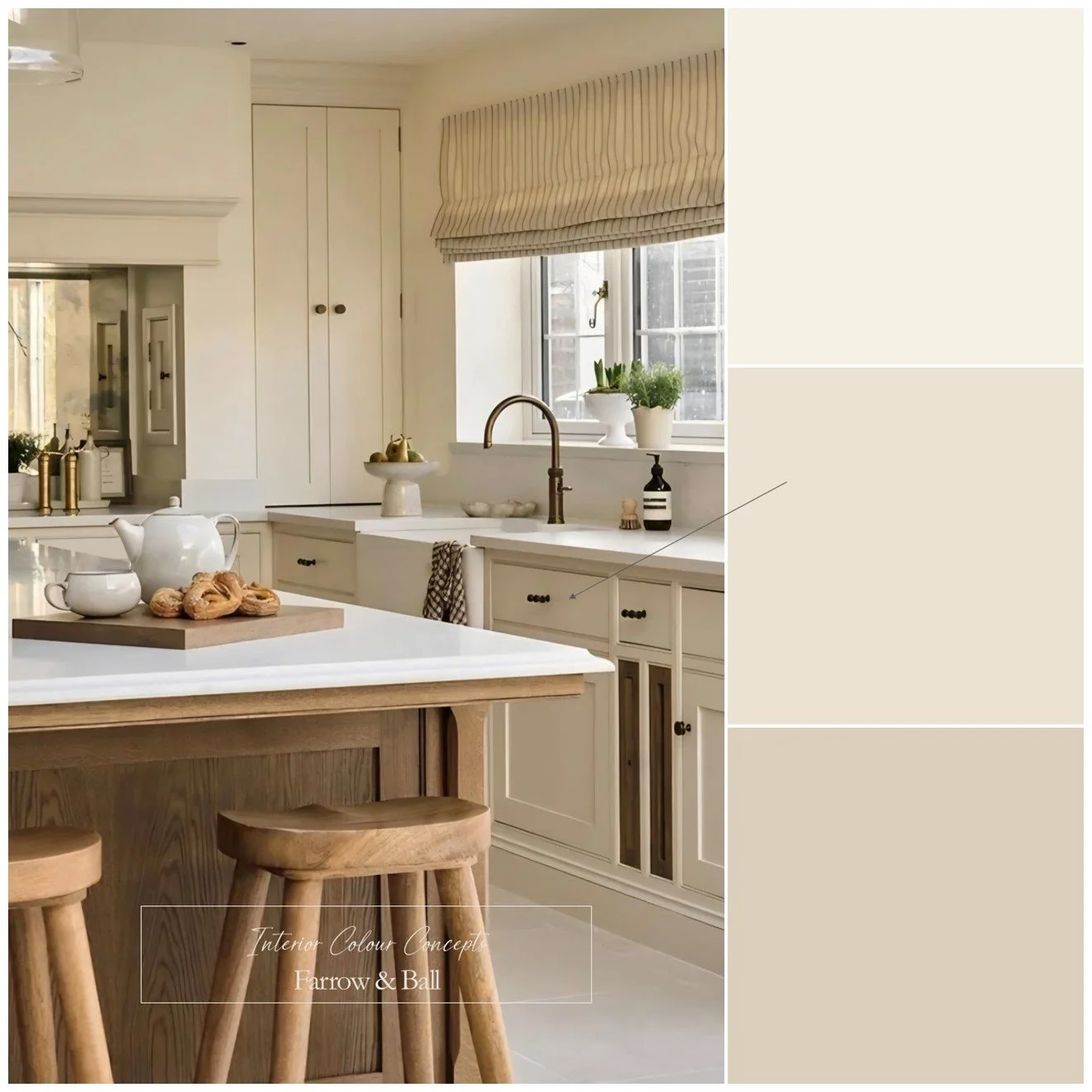 Warm, red-based Farrow & Ball neutrals for a cosy kitchen scheme.