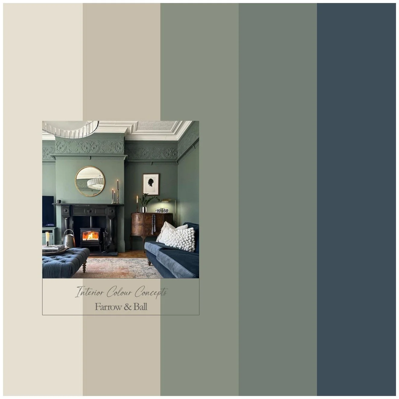 Two classic smoky greens paired with a dark blue and warm, stony neutrals for a sophisticated interior look.