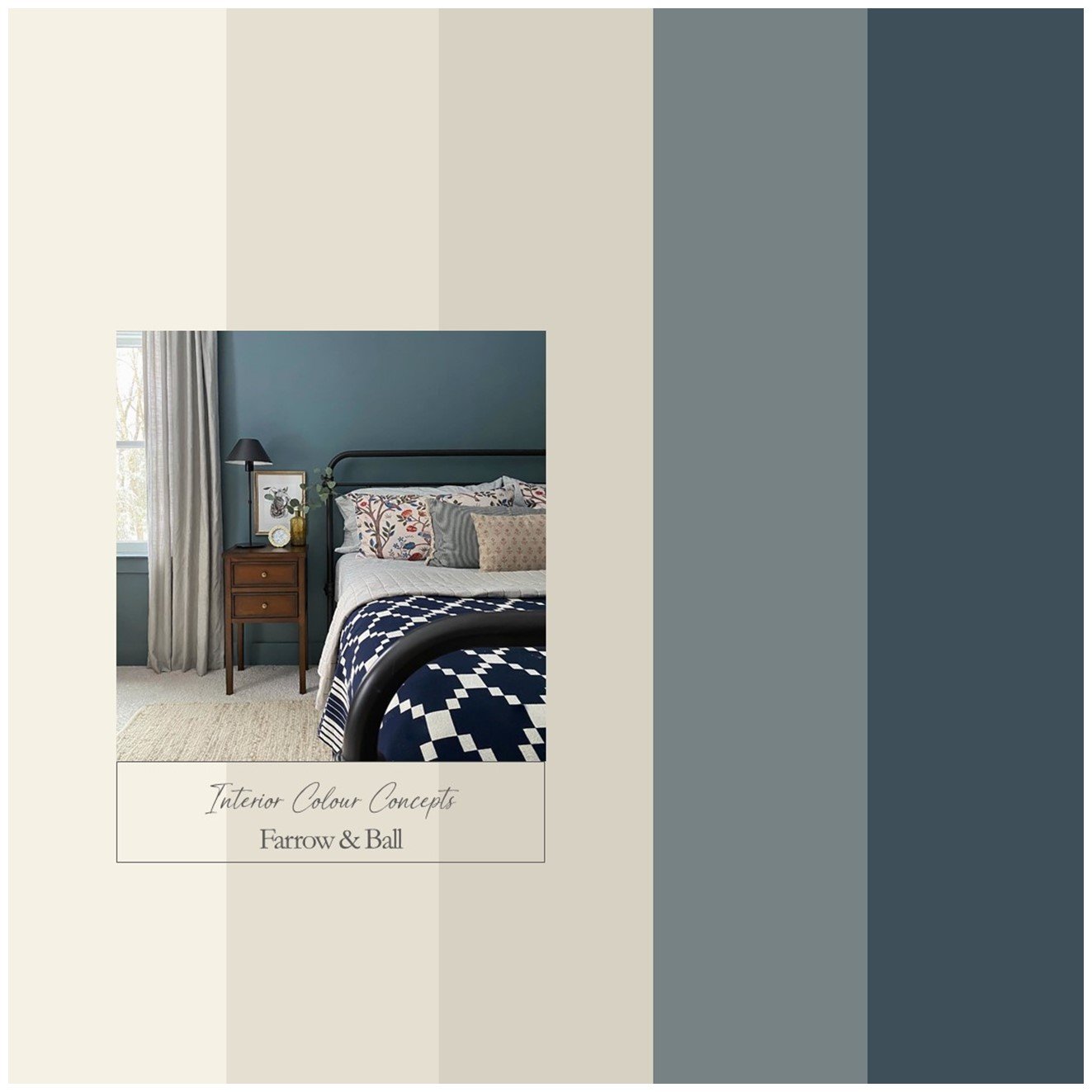 Two popular and enduring blues from Farrow & Ball work perfectly together with these warm neutrals for a relaxed interior look.
