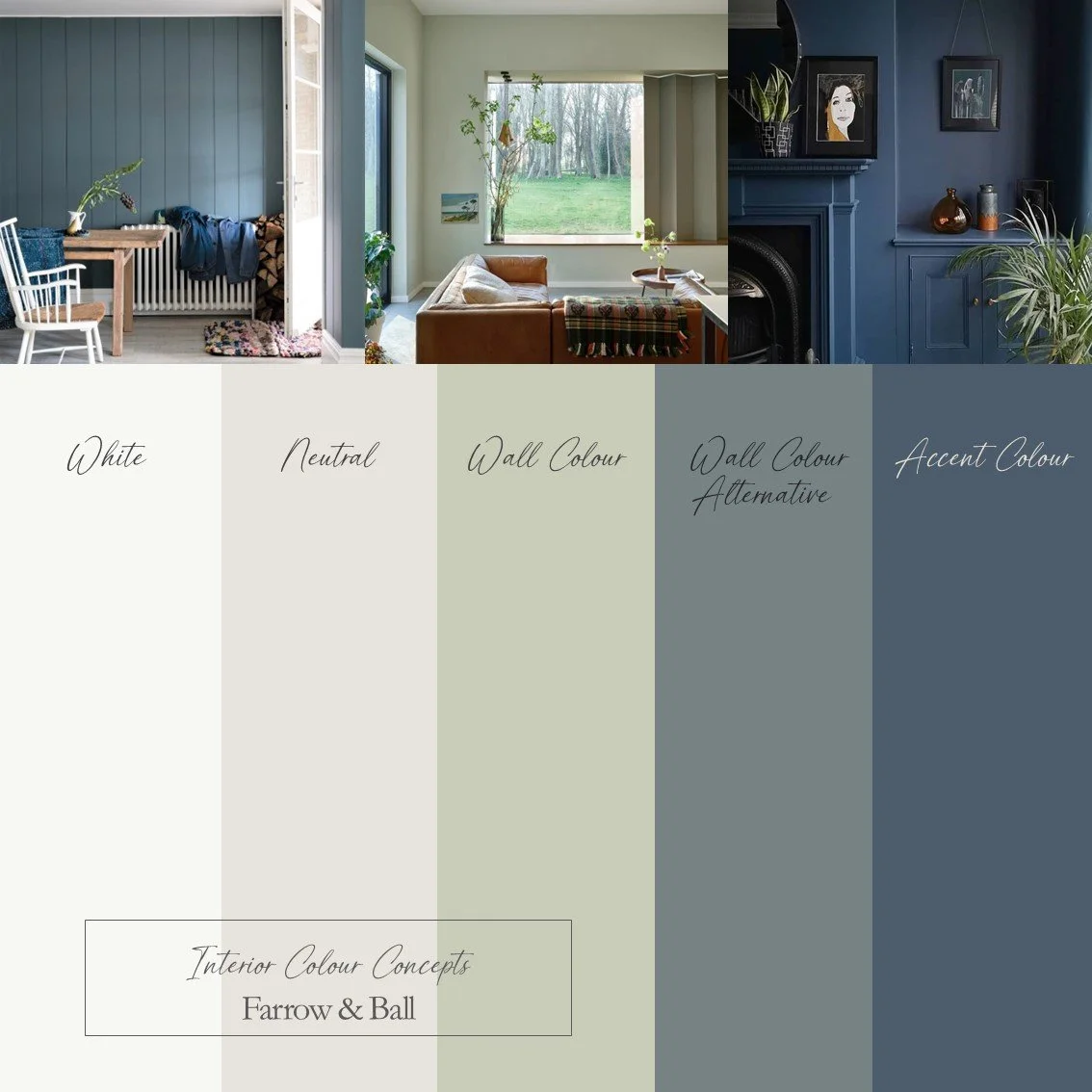 Farrow & Ball colour palette featuring a soft, fresh green and two classic blues.