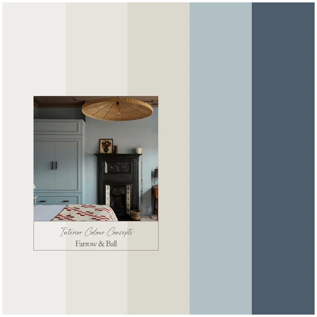 A laid back grey blue from Farrow & Ball paired with warm neutrals an a dark blue accent.