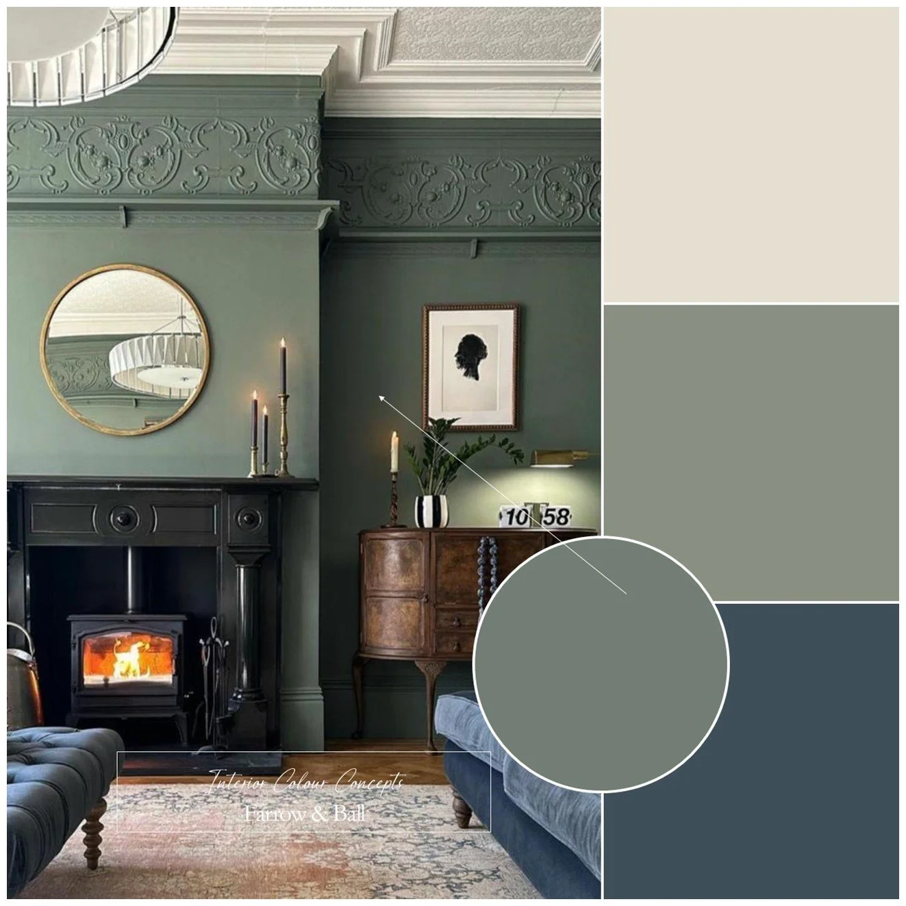 Moody Farrow & Ball greens for a sophisticated living room.