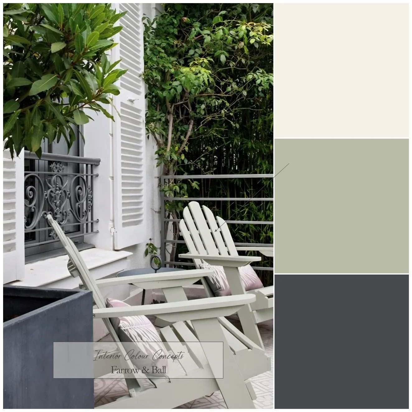 Soft green and charcoal black using Farrow & Ball colours for a sophisticated outdoor look.