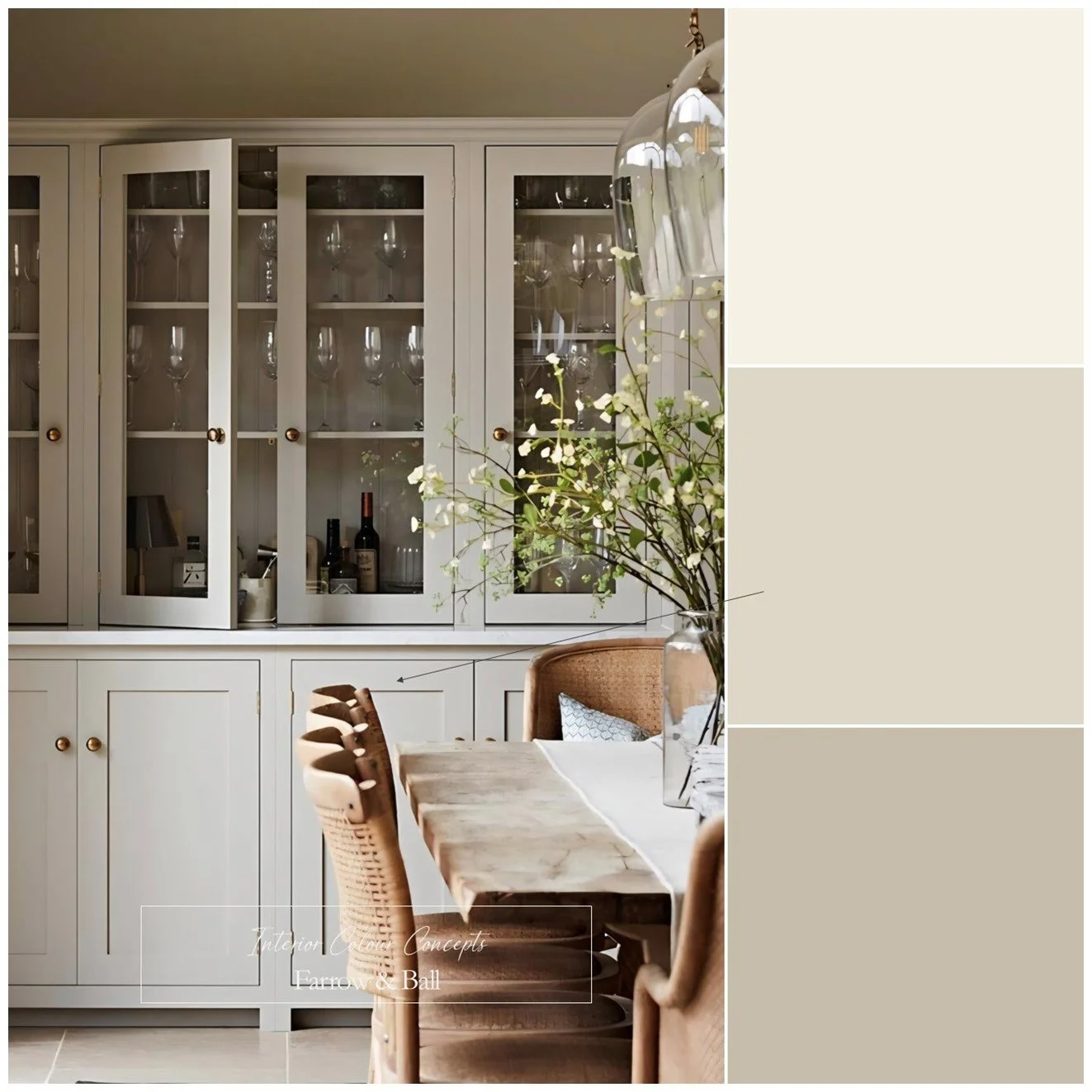 A soft, balanced neutral colour palette ideal for a kitchen interior featuring Farrow & Ball paints.