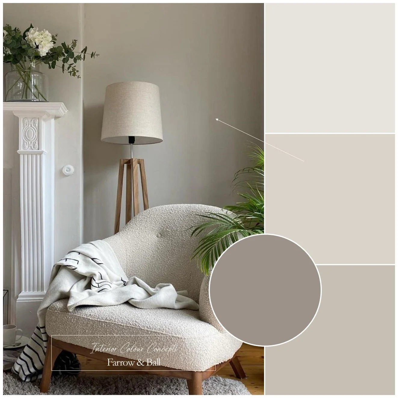 Warm, contemporary neutrals from Farrow & Ball for a layered living room.