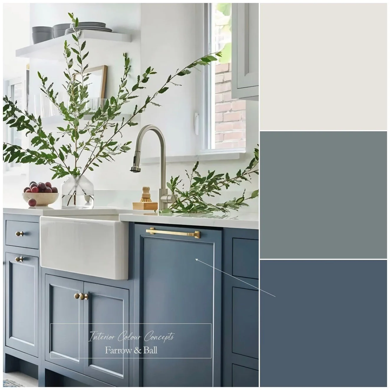 A kitchen colour palette featuring Farrow & Ball timeless blues and warm neutrals.
