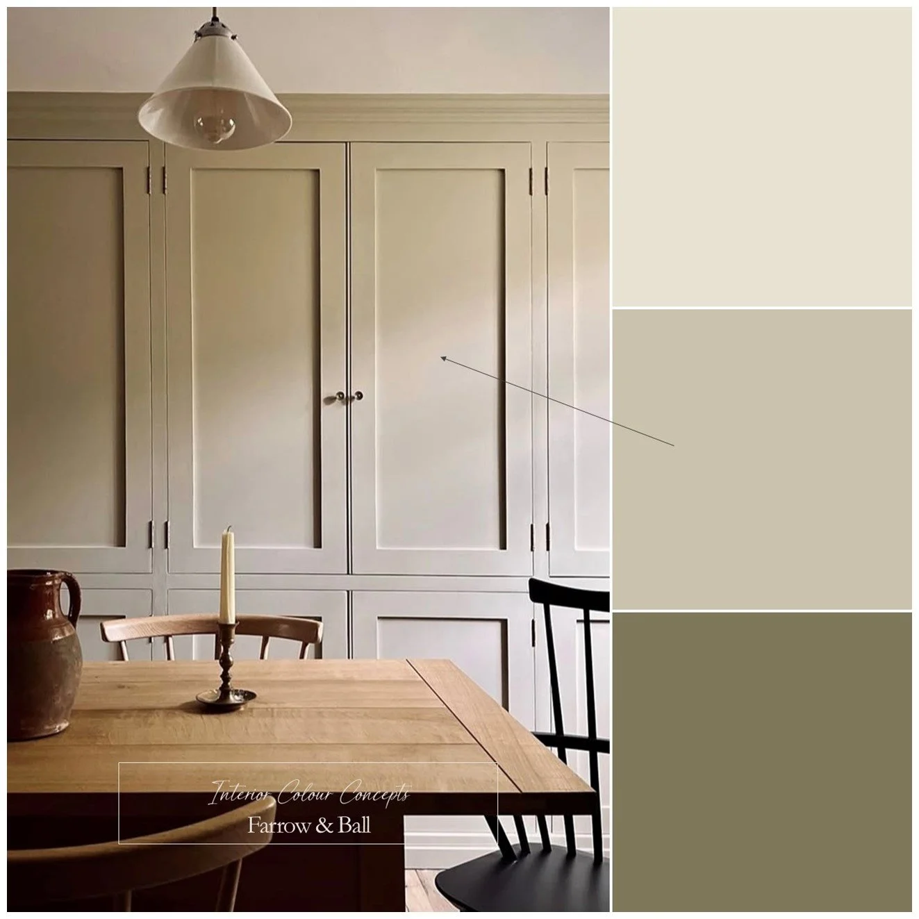 Inspired scheme for a kitchen using Farrow & Ball colours with a grey-green tone.
