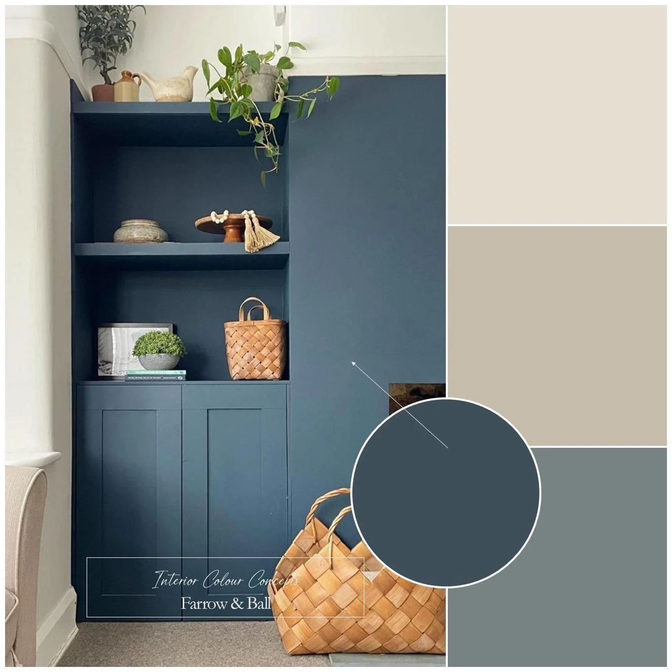 Blues and warm neutrals for accent colour in Farrow & Ball living room.