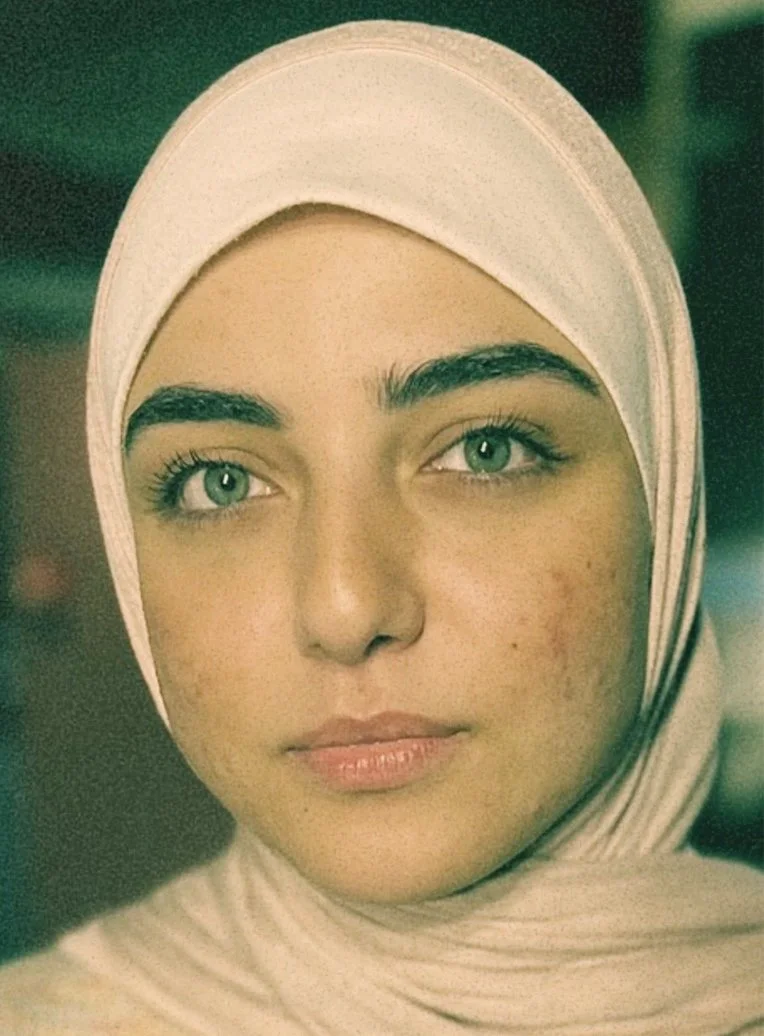 Close-up of a young woman wearing a light pink hijab, with clear skin, green eyes, and a slight smile. Asma. Portrait of Palestinian Woman. Photography by Nina Testaverde. Portrait of Palestine. Free Palestine.