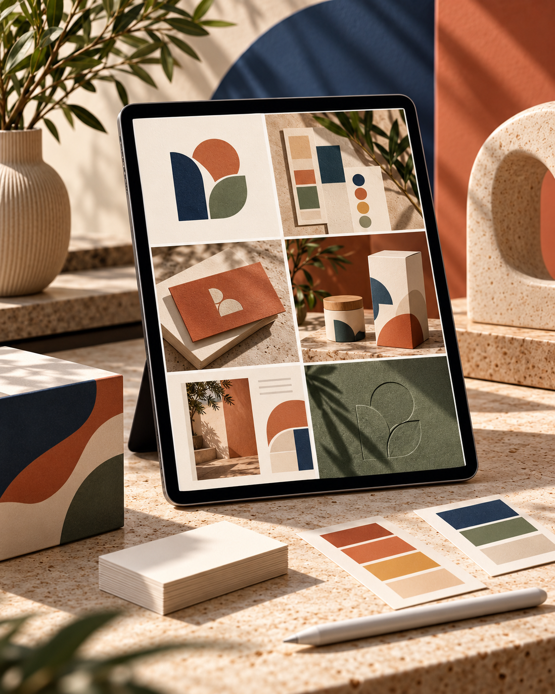Digital skissblock med modern, geometrisk form- och färgdesign, omgiven av fysiska produkter som matchar designen, inklusive kort och förvaringsburkar, placerade på ett ljus stenskivbord med gröna växter i bakgrunden.