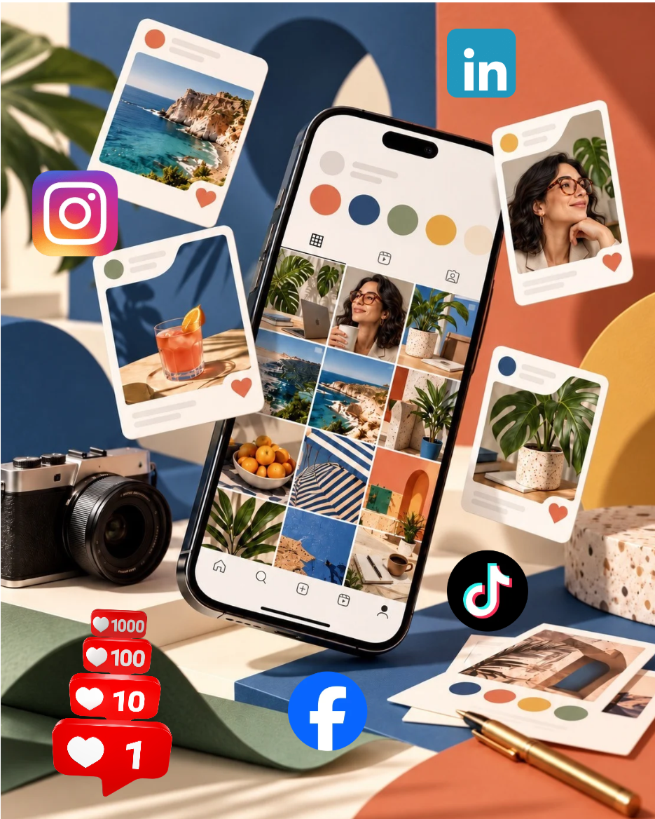 En smartphone som visar ett Instagram-flöde, omgiven av foton av natur, drycker, människor och växter, samt ikoner för sociala medier som LinkedIn, Instagram, TikTok, Facebook och containers med lågt medieengagemang och en kamera på ett bord.