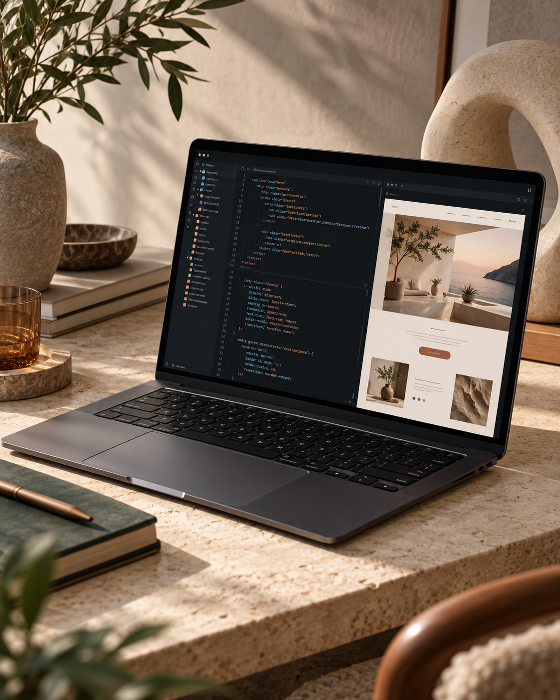 En laptop på ett skrivbord som visar kod på den vänstra sidan och en webbsida med ett naturskjönt hus på den högra sidan, i ett rum med naturligt ljus och växter.