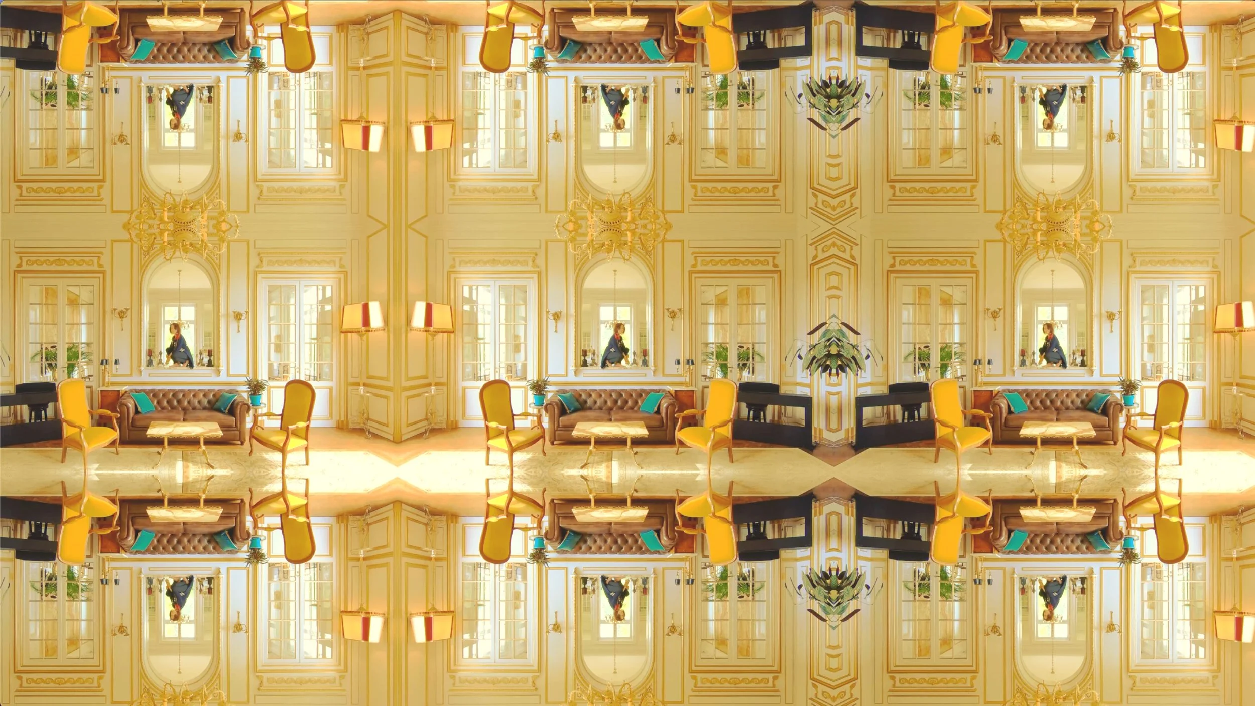 A symmetrical, ornate yellow and gold living room with large windows, elegant furniture including sofas, armchairs, and coffee tables, and decorative lighting fixtures and plants.