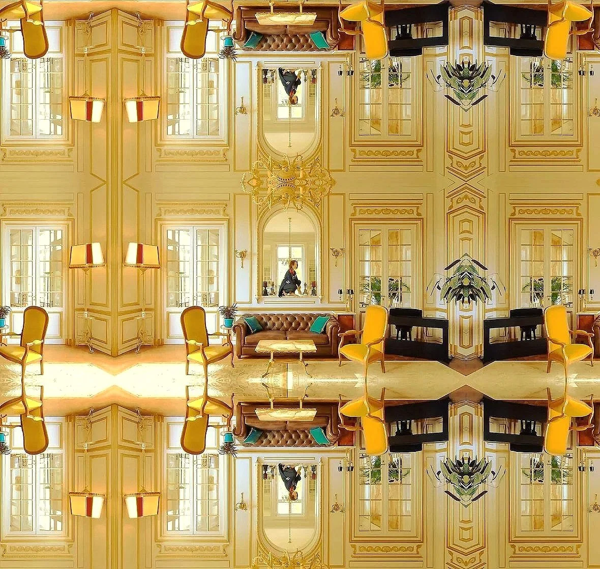 A mirrored image of a luxurious, ornately decorated room with large windows, gold accents, a chandelier, and yellow chairs. A woman is seen standing in front of a mirror, appearing upside down in reflection.