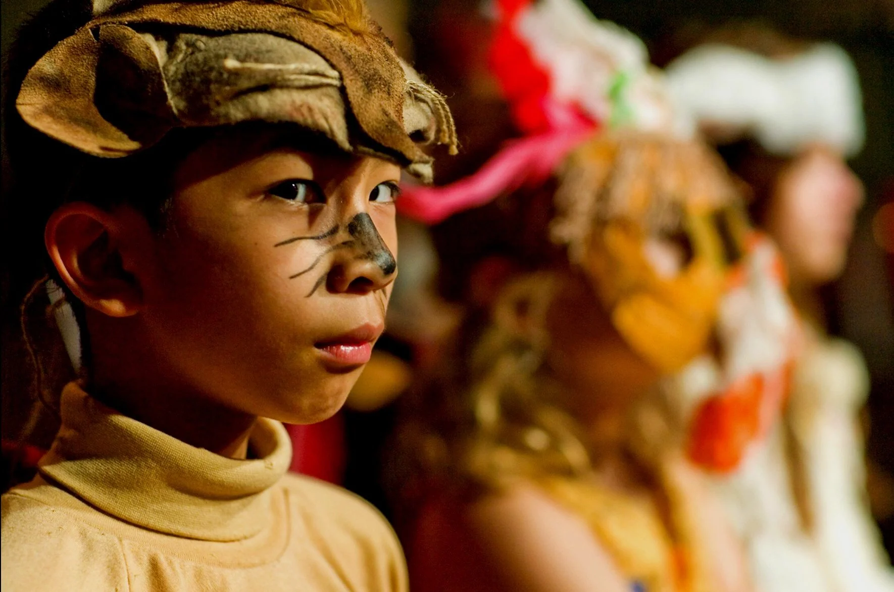 A young boy with face paint resembling a tiger, wearing a tan turtleneck, looking to the side during a cultural event with other similarly dressed and painted participants in the background.